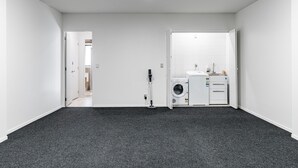 Une pièce avec un tapis gris, des murs blancs, un lave-linge et un aspirateur.