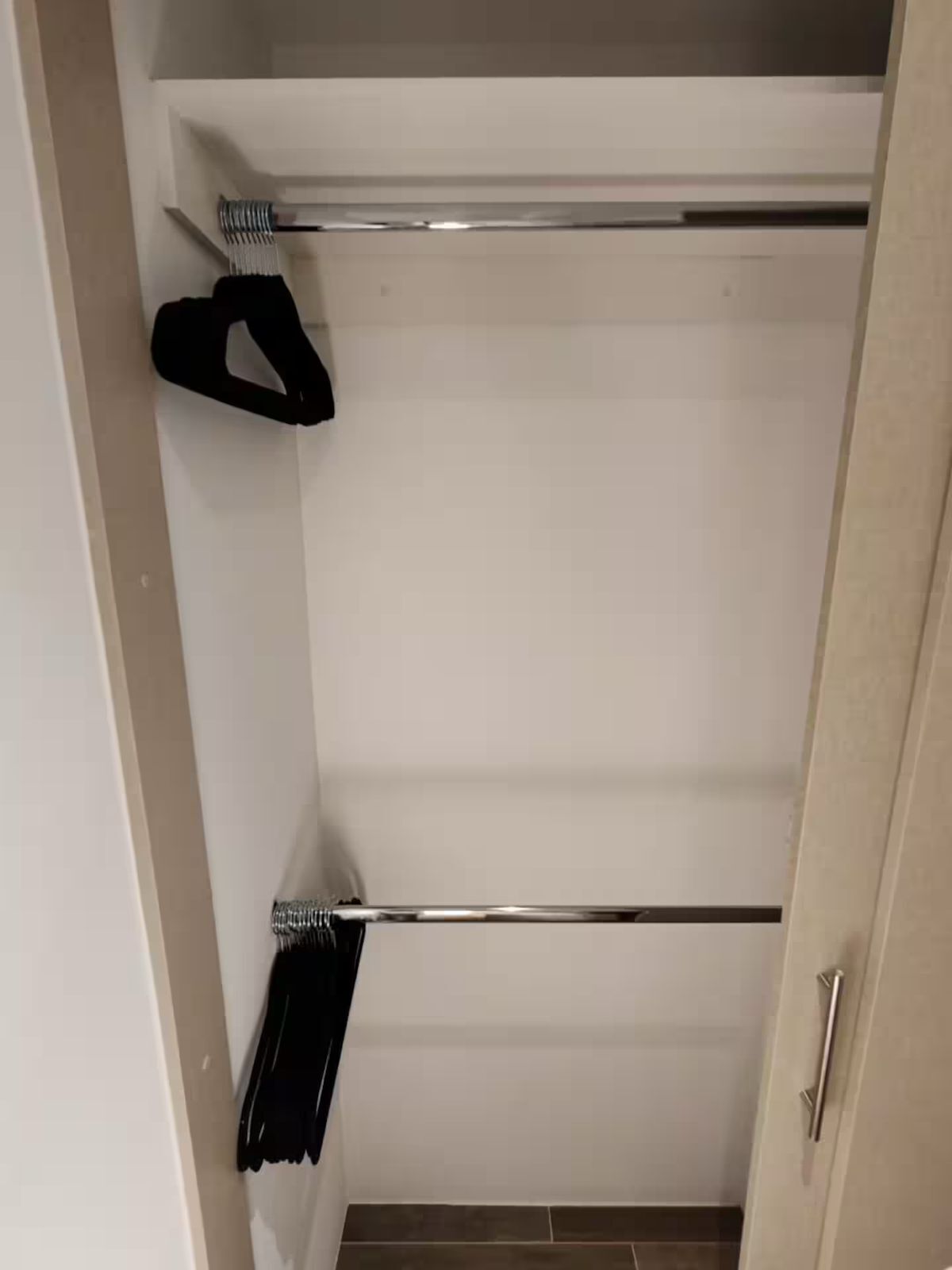 A closet with a hanging rack and a shelf.