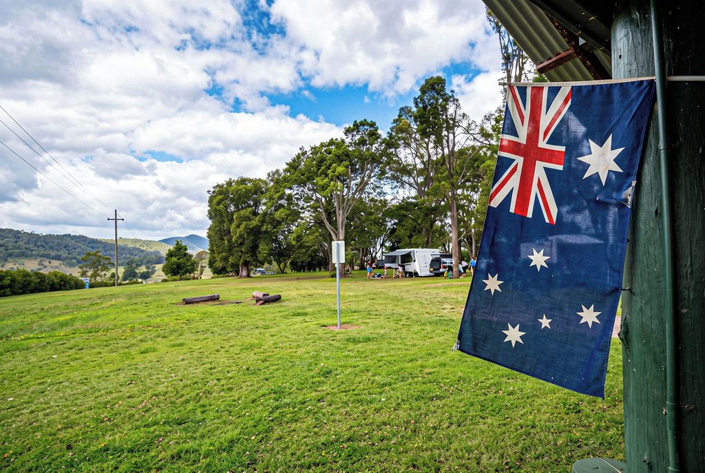 A grassy field with a flag, trees, and a distant hill.