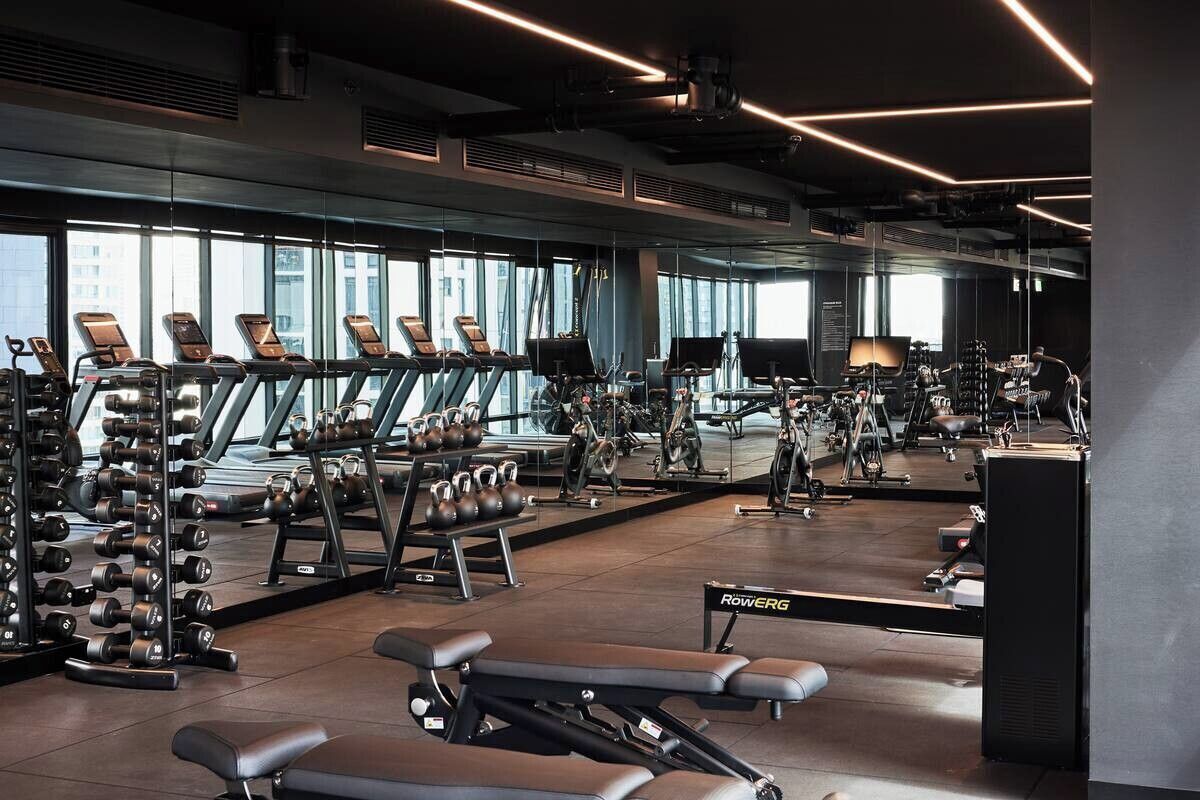 A modern gym with treadmills, weight machines, and free weights.