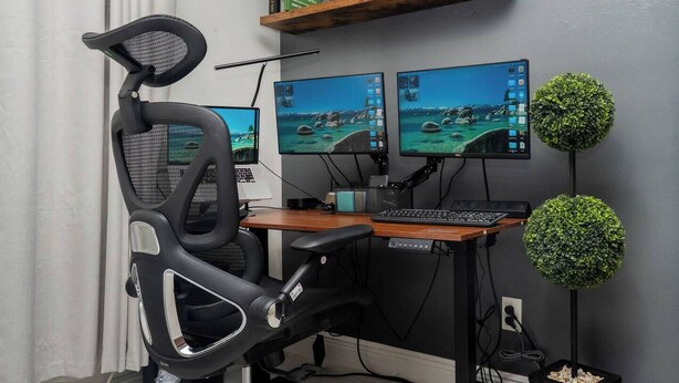 Ein Home-Office-Arbeitsplatz mit Schreibtisch, zwei Bildschirmen, einem Stuhl und Zimmerpflanzen.