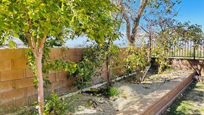 A garden with a brick wall, a pathway, and trees. - Spacious 4BR Palmdale Home with Valley Views, Gym & Fireplace (Palmdale)