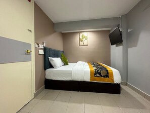 Una camera da letto con un letto, una TV a parete e un elemento decorativo.