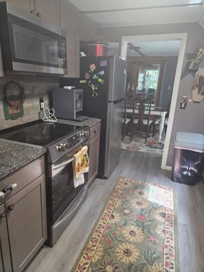 A kitchen with a microwave, stove, refrigerator, and a rug.