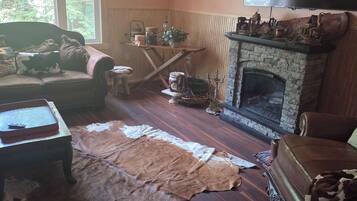 A cozy living room with a fireplace, a television, and a leather rug.
