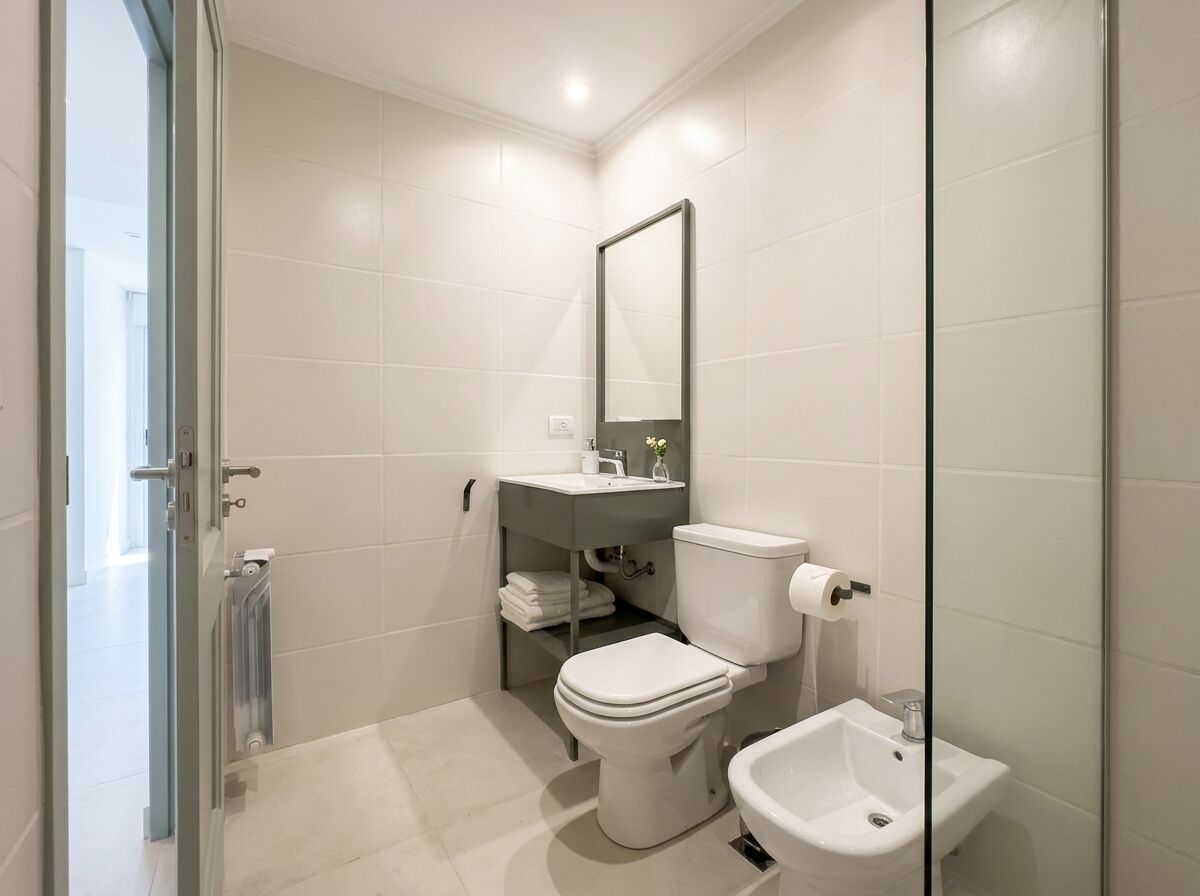 Une salle de bain moderne équipée de toilettes, d’un bidet et d’une douche à parois de verre.