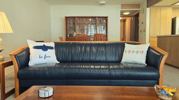 Una sala de estar con un sofá de cuero oscuro, dos cojines, una mesa de centro de madera y un comedor al fondo.