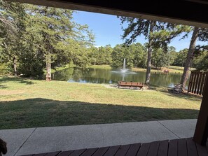 A pond with a fountain, surrounded by trees and a bench. - Cozy Pondside Cabin Near Lake Ouachita (Mount Ida)