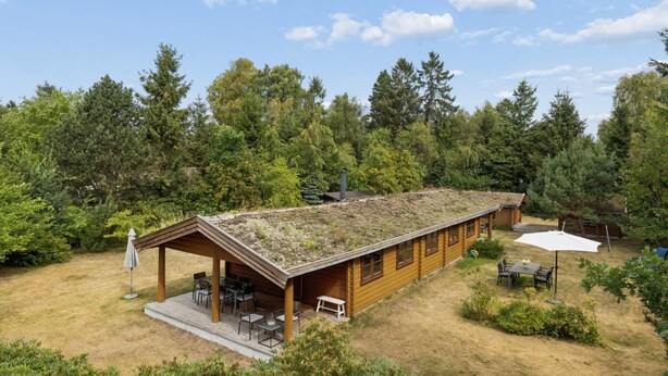 Uma cabana com varanda coberta e área de refeições, rodeada por uma floresta densa.