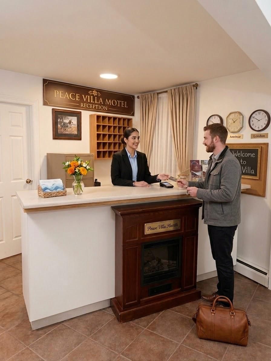 A reception desk at Peace Villa Motel with a sign above it, a clock, and a welcome sign on the wall.