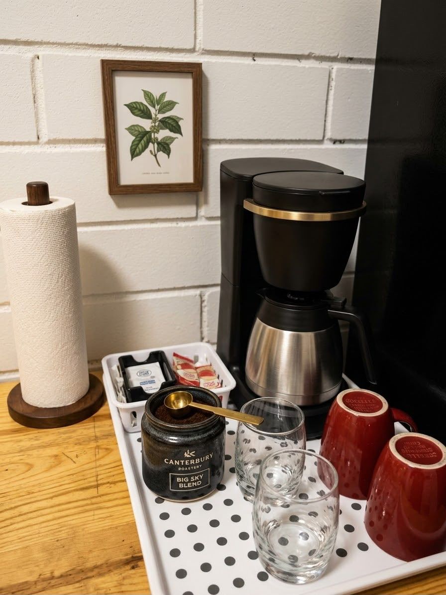 A coffee station with a coffee maker, a jar of coffee, a roll of paper towels, and two red mugs on a tray.