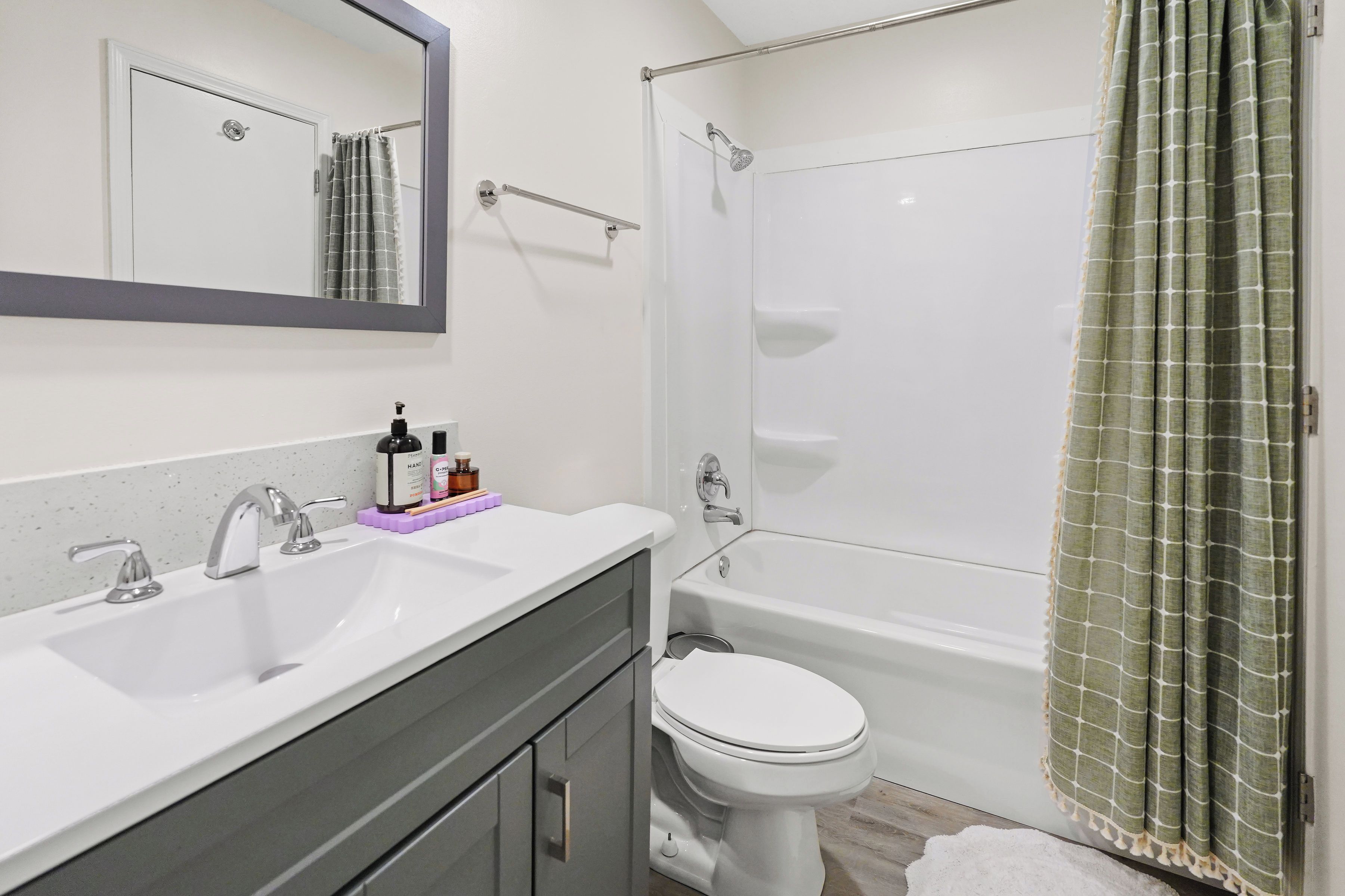 Hair dryer, towels, soap, toilet paper