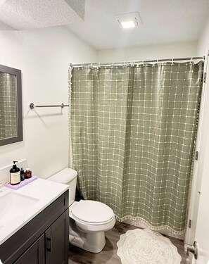 Un bany amb vàter, un lavabo amb articles de tocador, un teló de dutxa i una catifes.