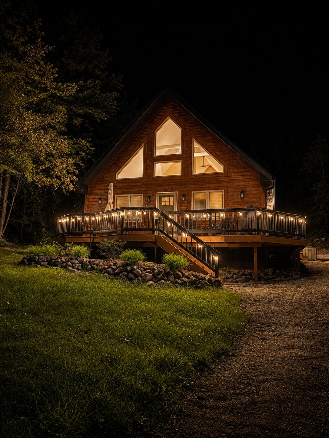 Une cabane en bois à deux étages, dotée d’un balcon, de grandes fenêtres et de fondations en pierre.