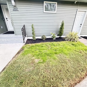 A residential property with a well-maintained lawn, a mailbox, and a door.