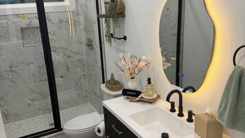 Hair dryer, towels, toilet paper