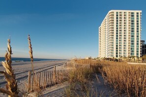 A beachfront hotel with a sandy beach and tall grass in the foreground.