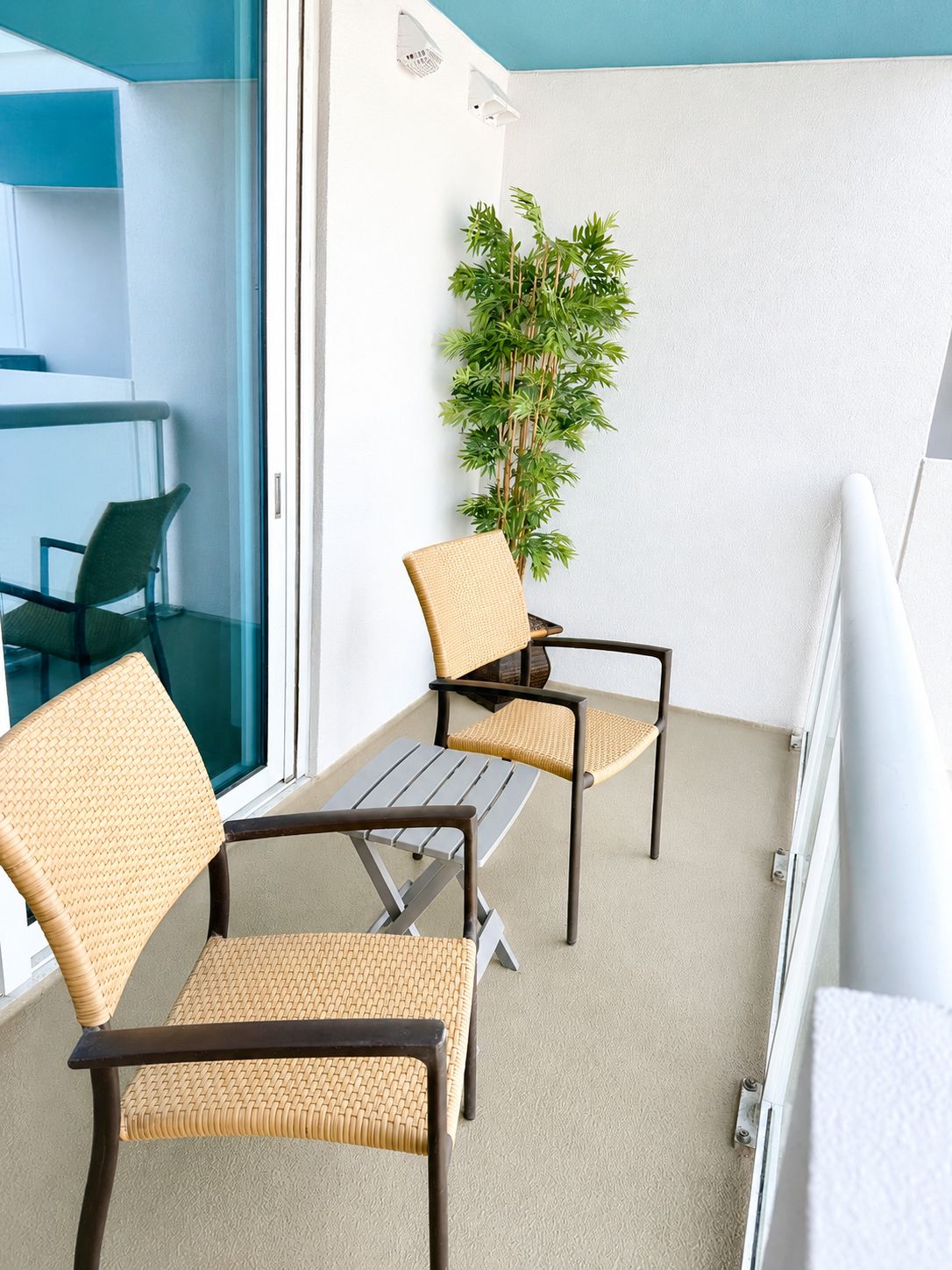 Un balcón con sillas de mimbre, una mesita, una planta en maceta y vistas del interior.