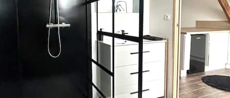 A modern bathroom with a shower, a white sink, and a mirror.
