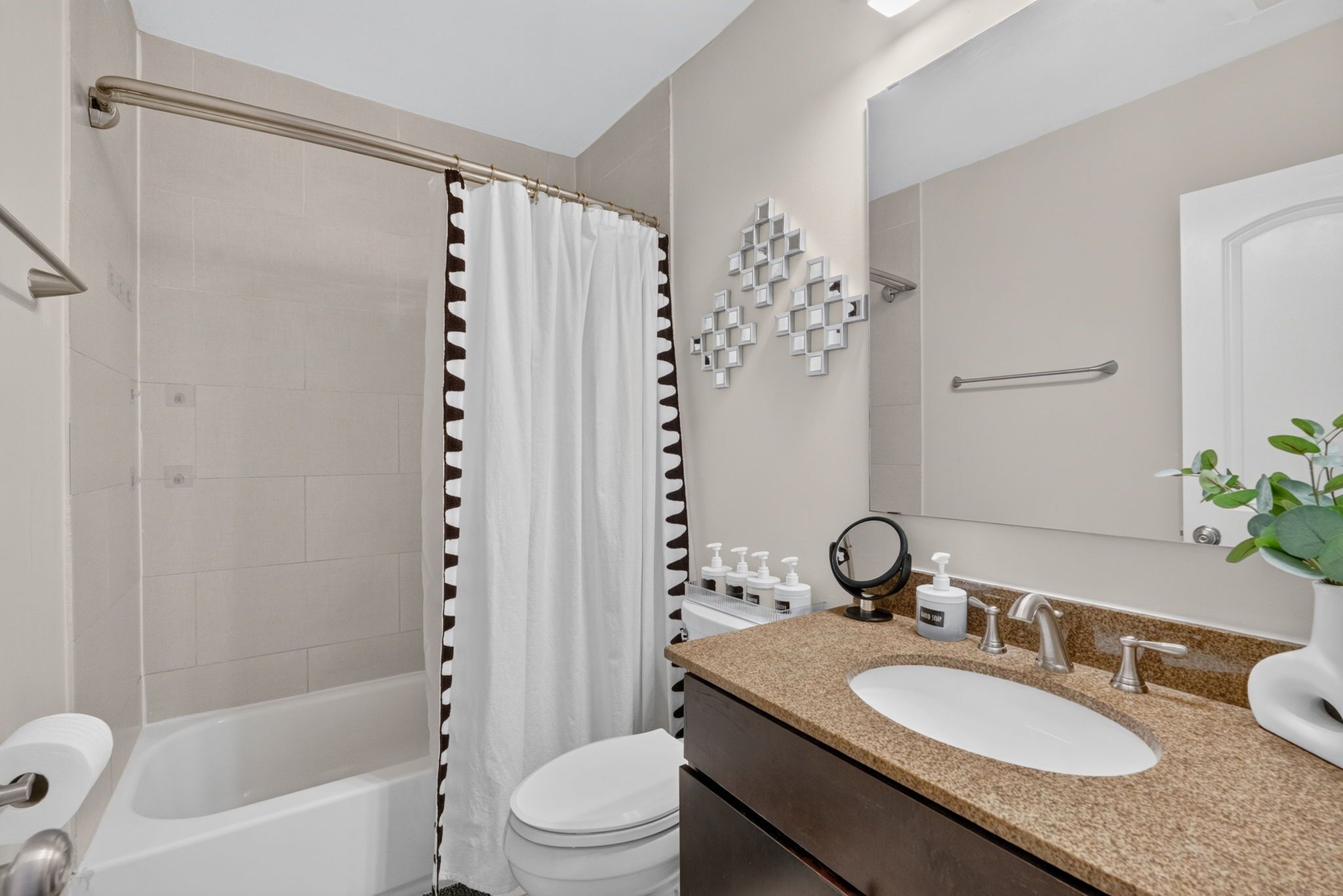 Hair dryer, towels, soap, toilet paper