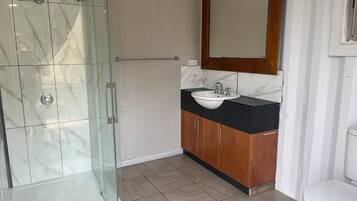Une salle de bain avec une douche à parois de verre, un lavabo avec un plan de toilette en marbre, des meubles en bois et des toilettes.