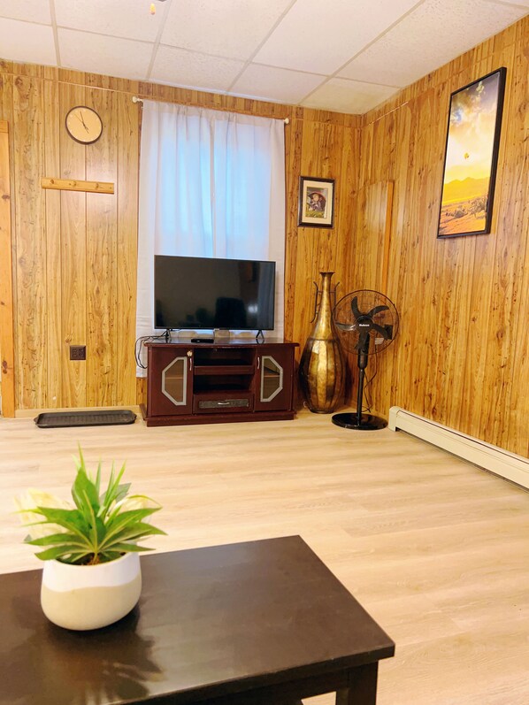 A living room with wooden paneling, a flat-screen TV, a decorative vase, a fan, and a potted plant.