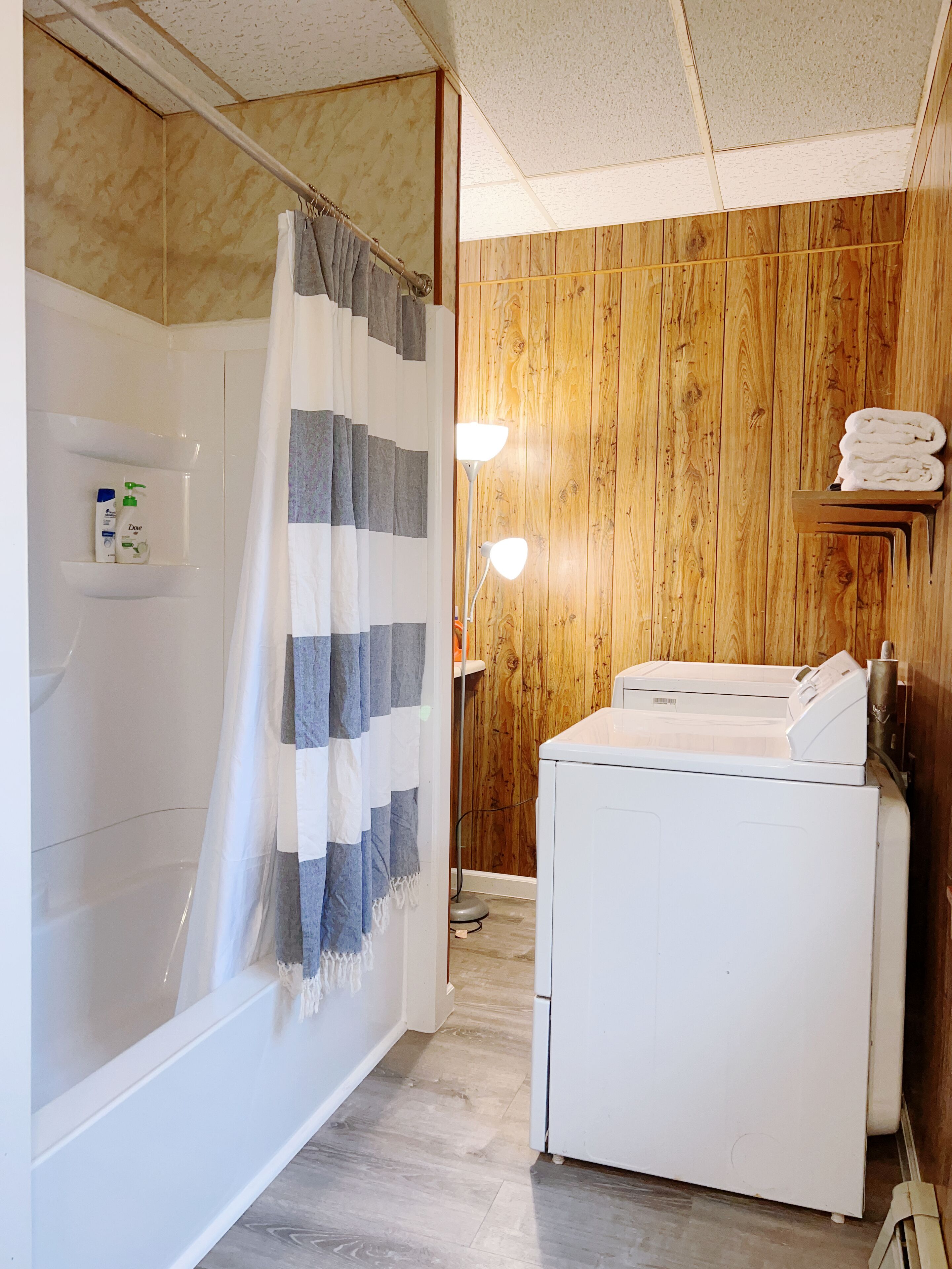 Hair dryer, towels, soap, toilet paper