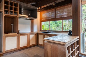 Een keuken met houten kastjes, een inbouwfornuis en een raam met uitzicht op groen.