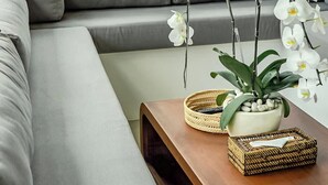 Una sala de estar moderna con un sofá gris, una mesa de centro de madera y orquídeas blancas.