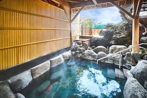 A traditional Japanese onsen with a wooden structure, stone basin, and bamboo wall. - Anda no mori Yamagata Tendou (tendou)