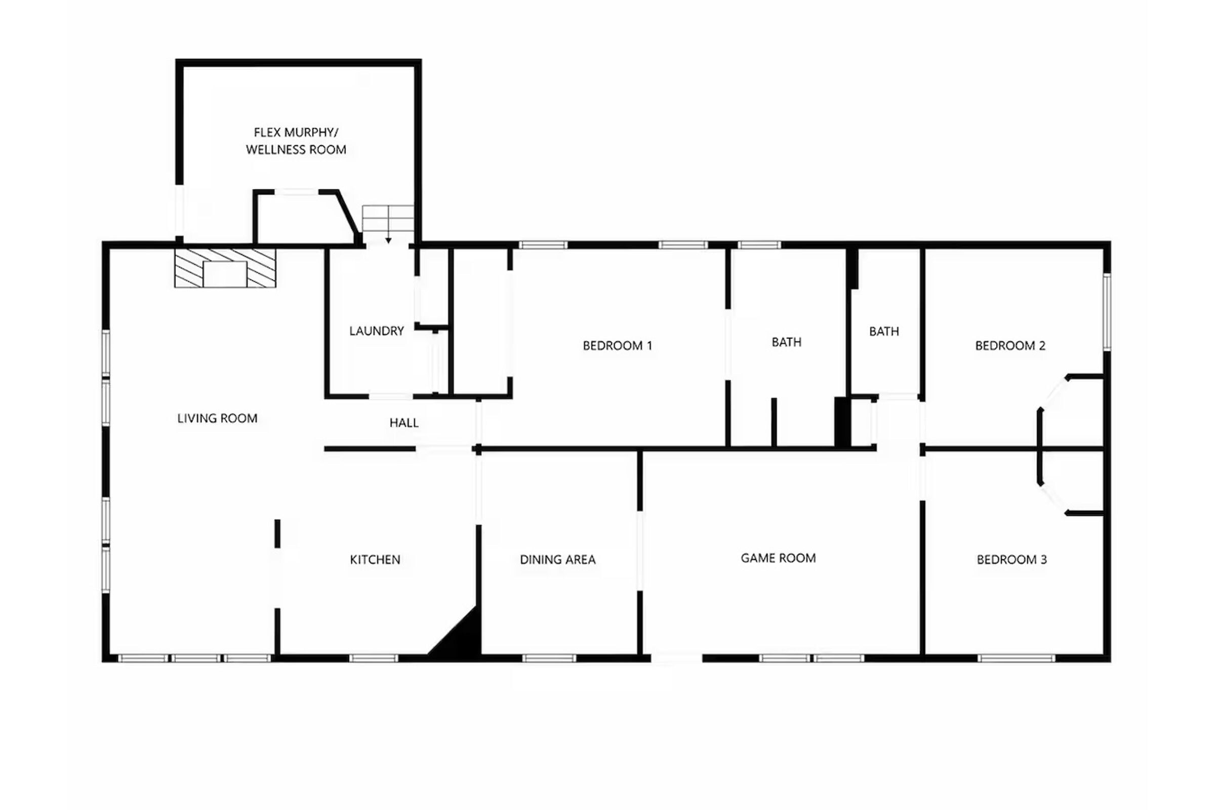 Plano de planta con sala de estar, cocina, comedor, tres recámaras, un baño, sala de juegos y sala de bienestar.