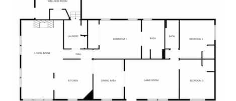Plano de planta con sala de estar, cocina, comedor, tres recámaras, un baño, sala de juegos y sala de bienestar.
