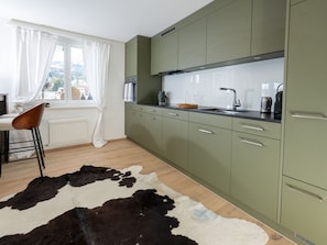 A modern kitchen with green cabinets, a black countertop, and a cowhide rug. - 1624 Aurora 5.5 by Interhome (Vaz)