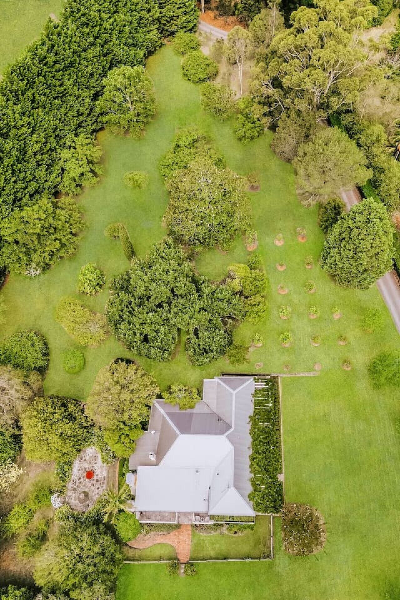 Une grande maison moderne dotée d’une vaste pelouse et d’une grande variété d’arbres et d’arbustes.