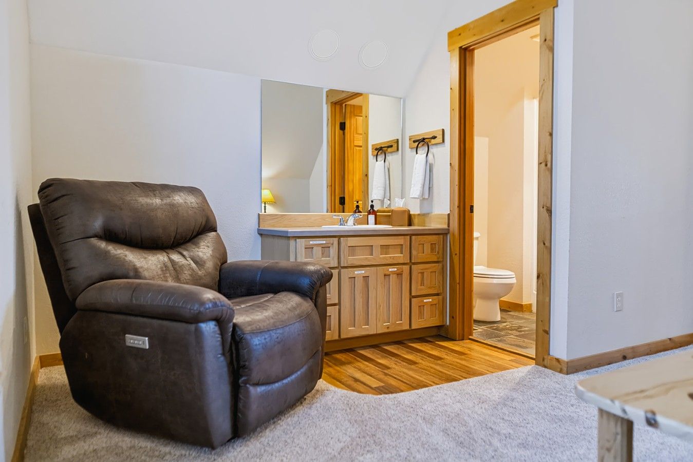A living room with a leather recliner, a kitchen area with wooden cabinets, and a bathroom with a toilet and mirror.