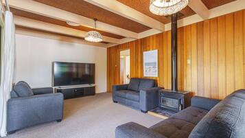 A living room with a flat-screen TV, two grey sofas, a wood-paneled wall, a fireplace, and a ceiling with exposed beams.
