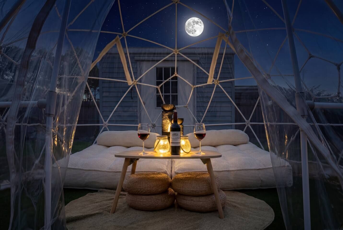A cozy, geometrically structured outdoor seating area with a table set for two, under a clear night sky with a visible moon.