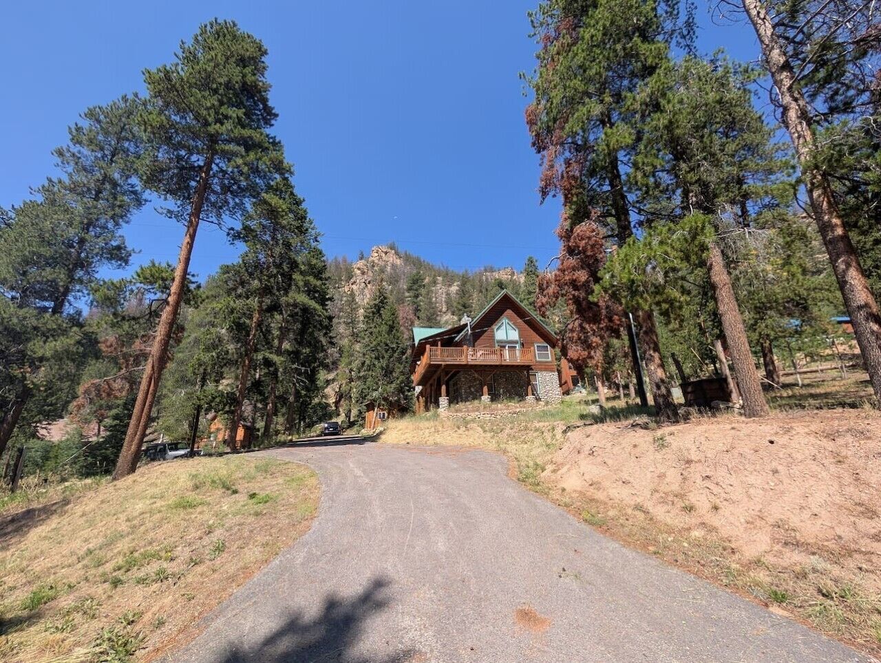 A cabin with a curved driveway, surrounded by tall pine trees, set against a mountainous backdrop.