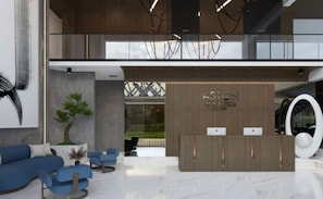 Una moderna reception in legno con il logo 'ASTON BOCELLOS'.