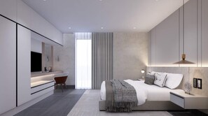 Una camera da letto moderna con un letto grande, un comodino e una TV a incasso.