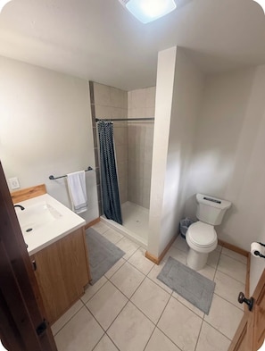 Un bagno con doccia, servizi igienici, lavandino e mobiletto in legno.