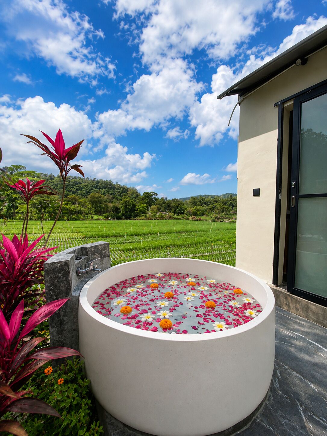Un área de spa con un jacuzzi rodeado de follaje y vistas a un paisaje exuberante.
