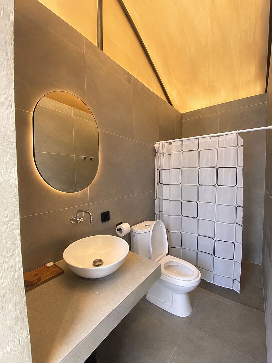 A modern bathroom with a large oval sink, a toilet, and a shower area.