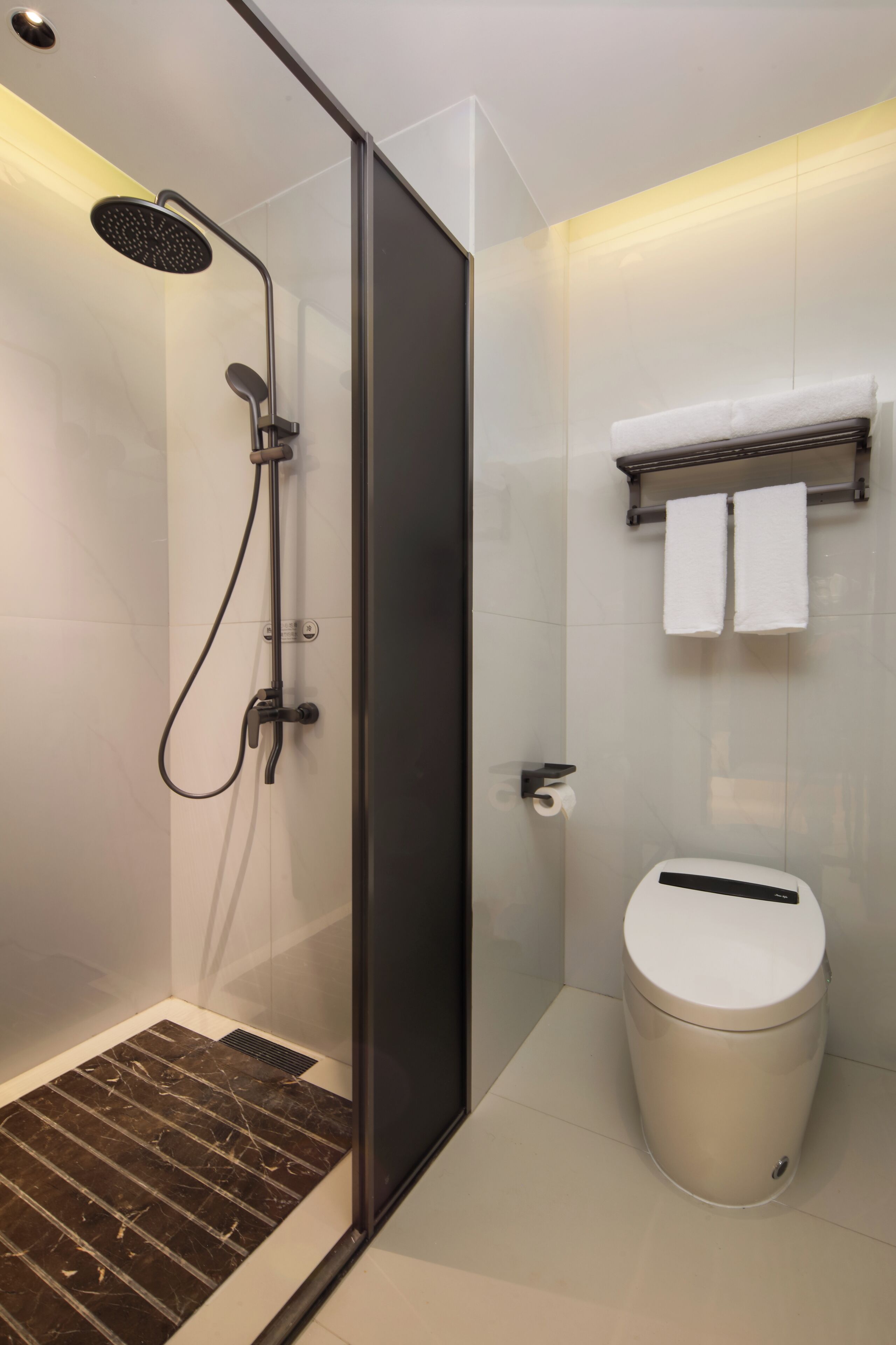 A modern bathroom with a glass-enclosed shower, a toilet, and a towel rack.