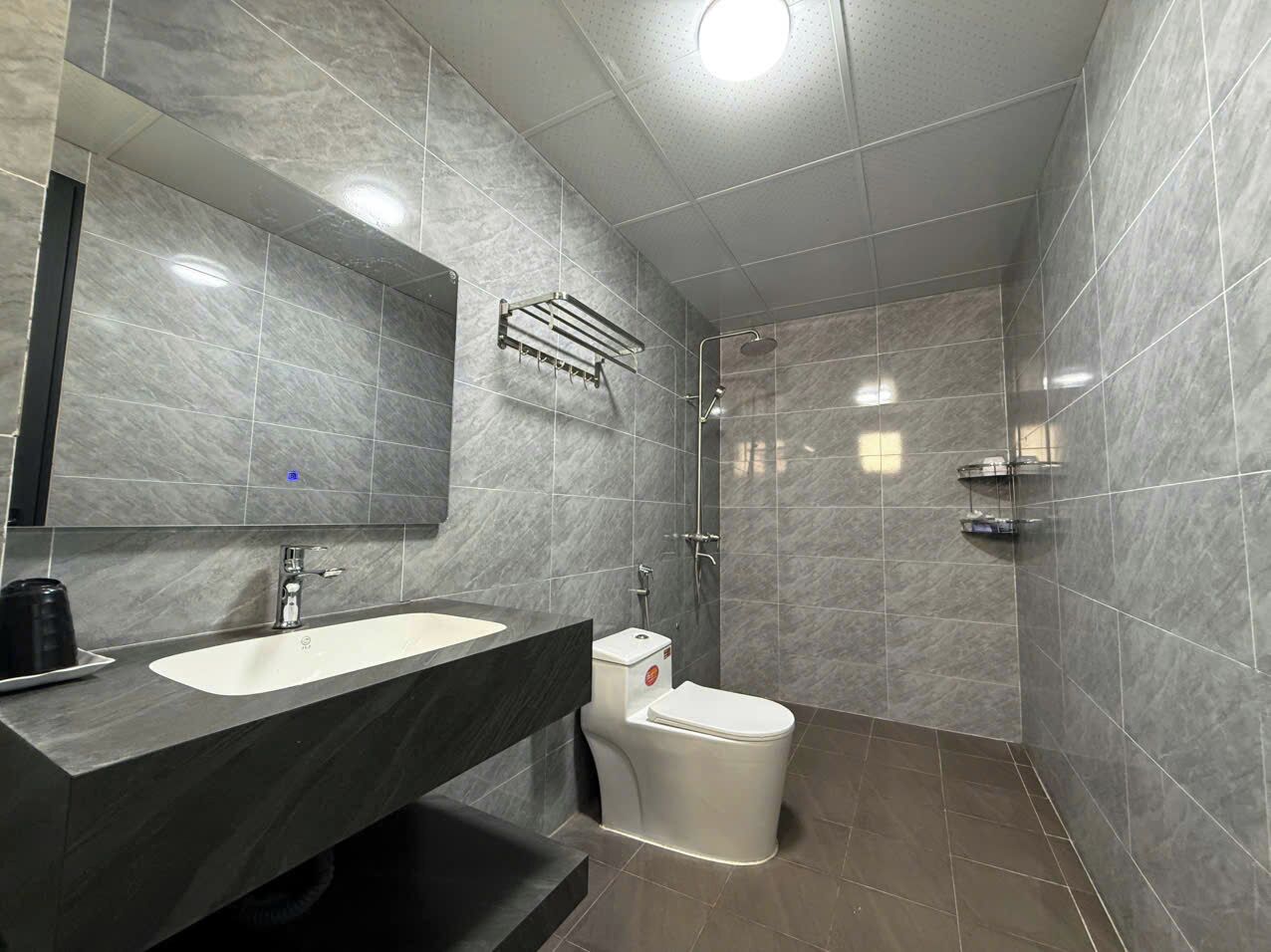Een moderne badkamer met een wastafel met twee kommen, een toilet en een douchehoek.