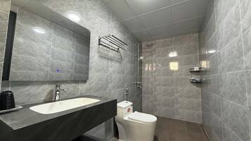 Een moderne badkamer met een wastafel met twee kommen, een toilet en een douchehoek.