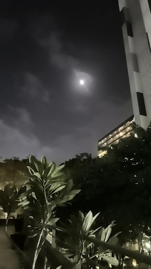Nachtszene mit einem Gebäude und dem Mond.