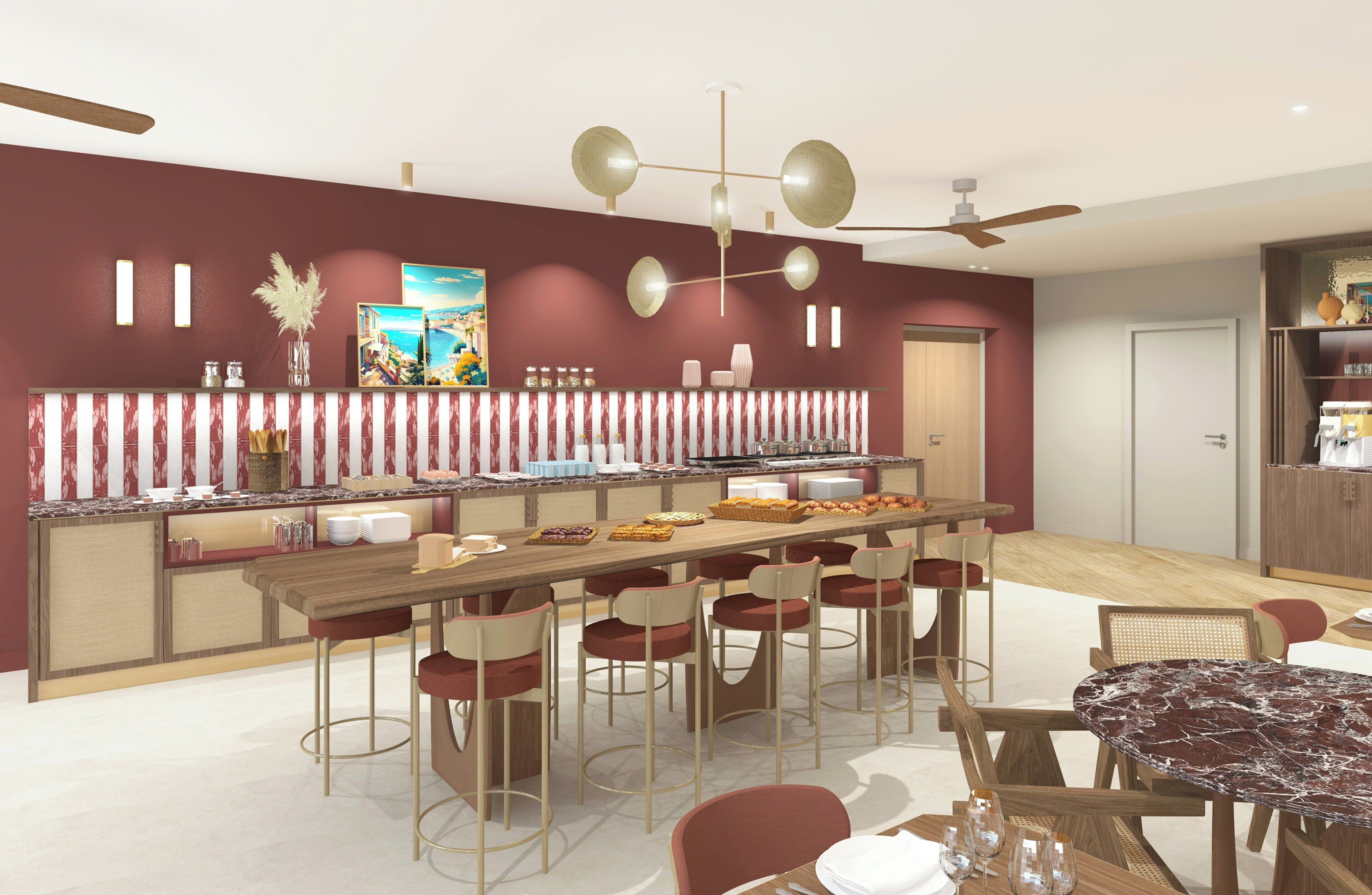 Una cocina moderna con barra, capacidad para 12 personas y una mesa de comedor con 6 sillas.