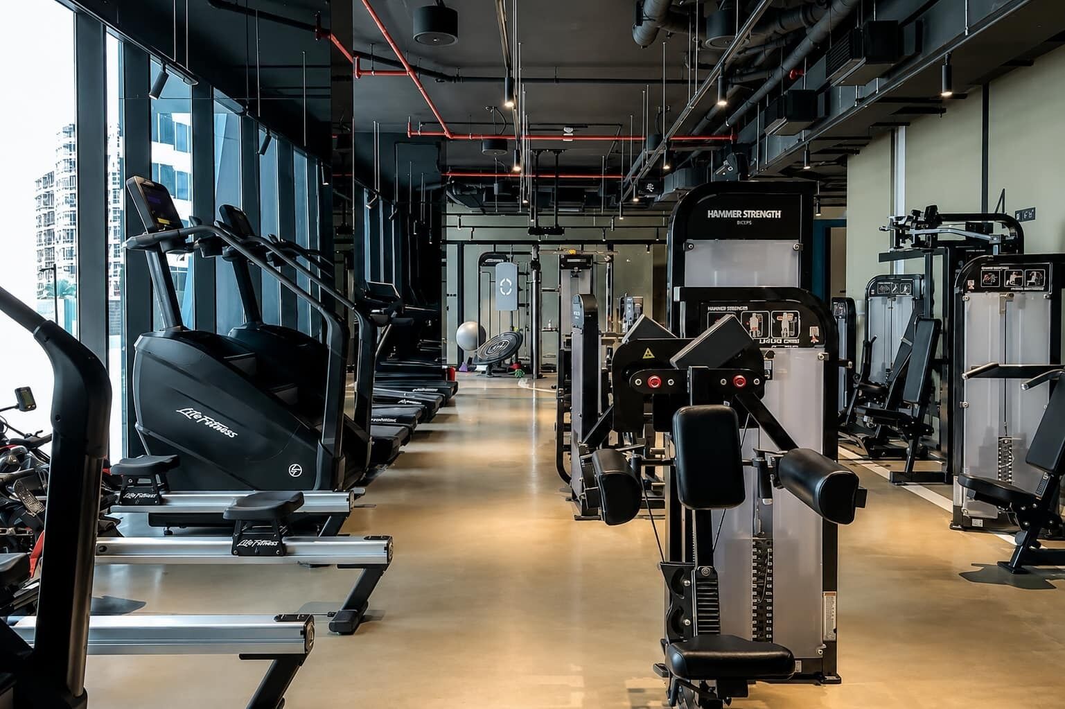 Ein Fitnessstudio mit Laufbändern, Kraftgeräten und Trainingsausrüstung.