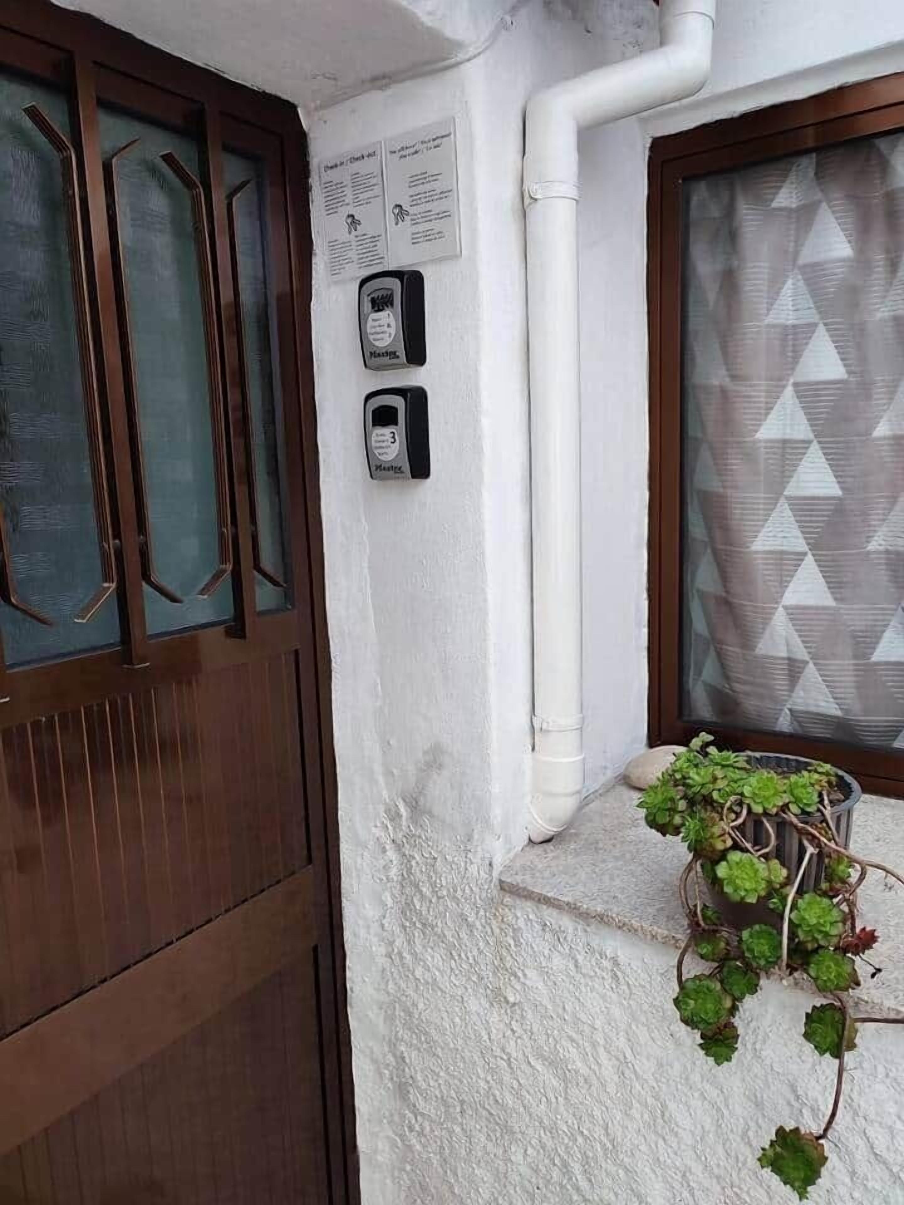 En dør med et vindue, et intercom monteret på væggen og en potteplante på kanten.